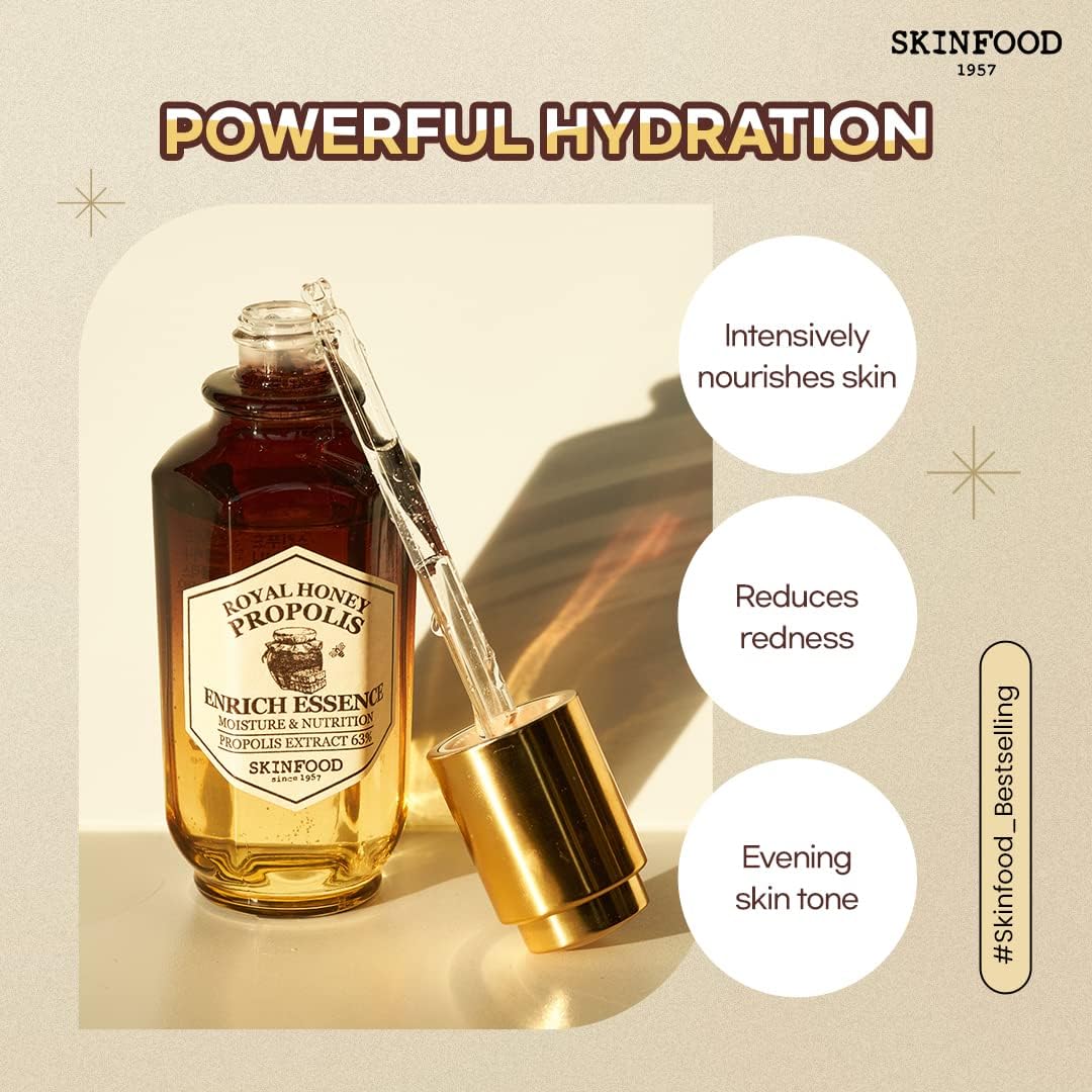 SKINFOOD Royal Honey Propolis Enrich Essence - 63% Black Bee Propolis & 10% Royal Jelly Extract Face Serum - Propolis Serum for Skin 1.69 Fl. Oz. (50mL)