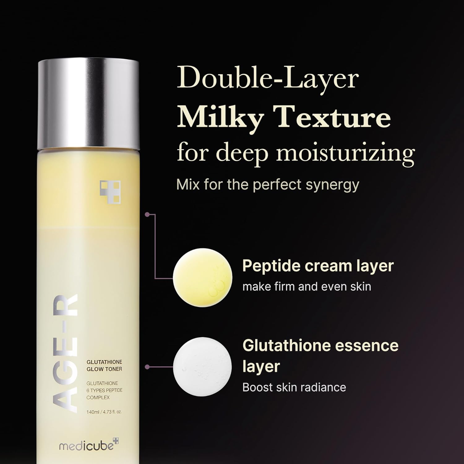 medicube Age-R Glutathione Glow Milky Toner, Low-Irritation Double Layer Toner for Glass Glow Skin with Peptide