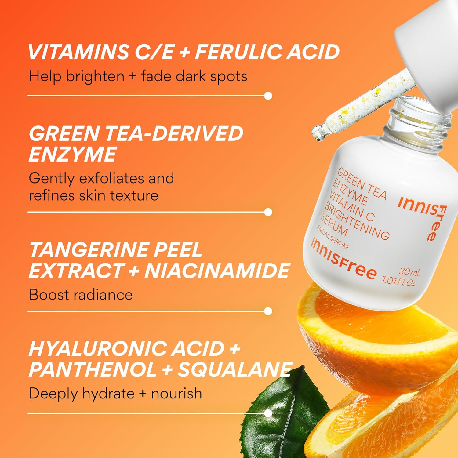 Innisfree Green Tea Enzyme Vitamin C Serum for Dark Spot Fading. 1.0 fl oz /30ml